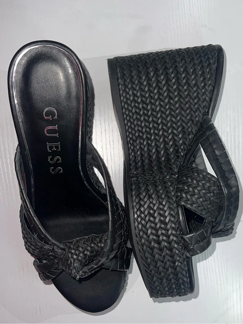 GUESS Black Eveh Knotted Jute Wrapped Platform Wedge Sandals